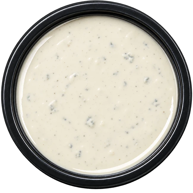 Overhead pot of blue cheese sauce