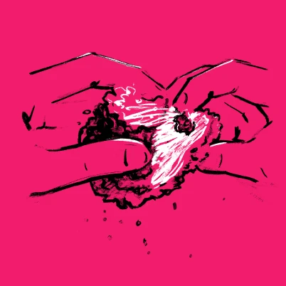 Illustration of hands pulling apart a crispy chicken wing